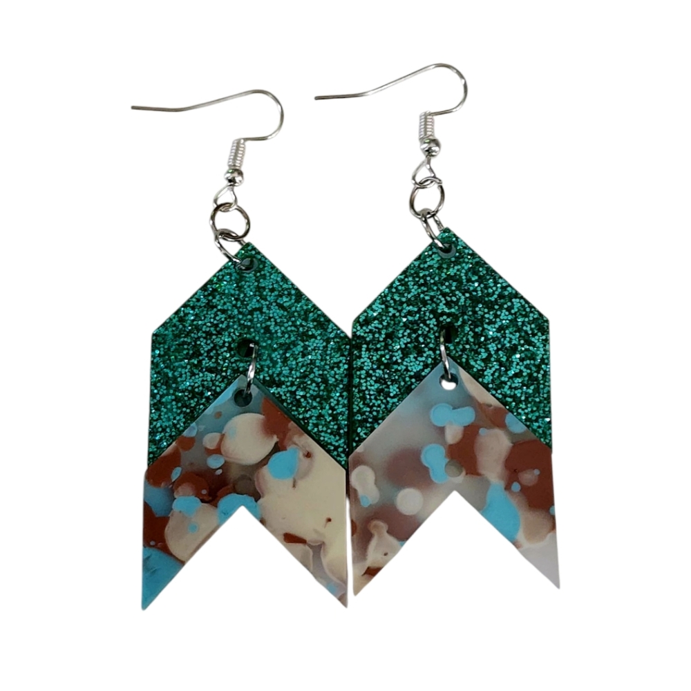 Vivid Arc Acrylic Drop Earrings - Teal Glitter and Bold Abstract
